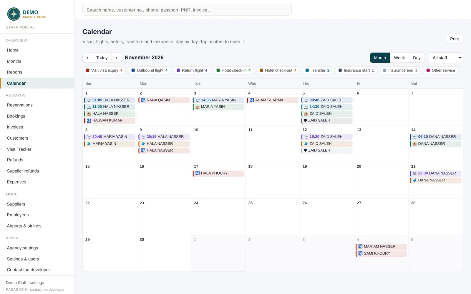The month calendar with flights, hotels and transfers (demo data)