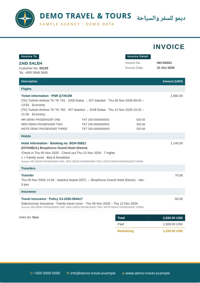An invoice on an agency letterhead (demo data)