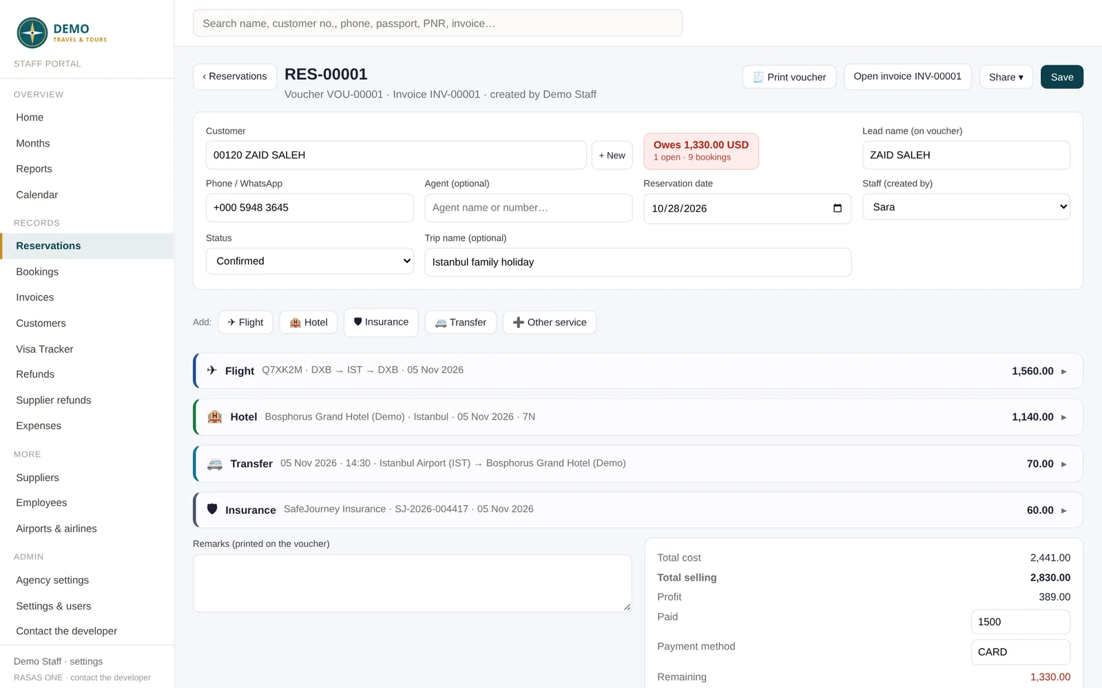A reservation with flight and hotel lines in RASAS ONE (demo data)