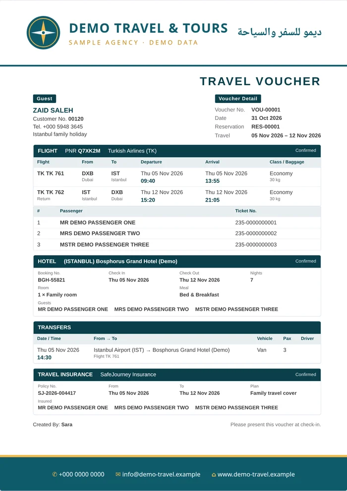 A combined travel voucher on an agency letterhead (demo data)